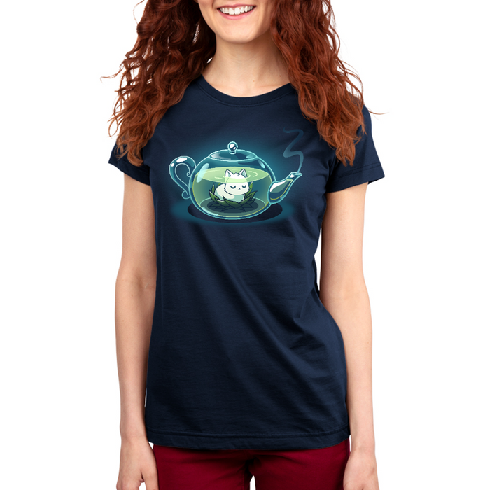 Premium Cotton T-shirt_TeeTurtle navy blue My Inner Tranquili-Tea apparel featuring a white cat sitting in the middle of a green lotus blossom inside a transparent, steaming teapot.