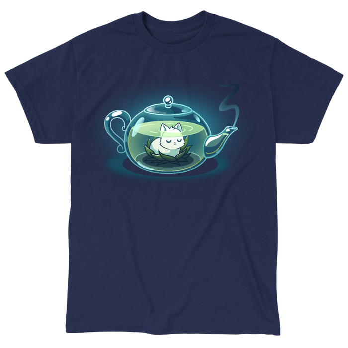 Classic Cotton T-shirt_TeeTurtle navy blue My Inner Tranquili-Tea apparel featuring a white cat sitting in the middle of a green lotus blossom inside a transparent, steaming teapot.