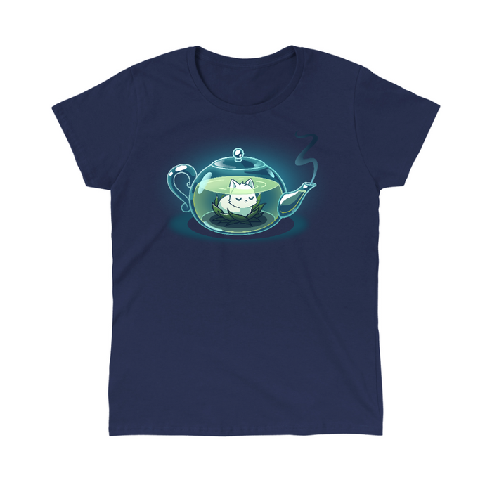 Classic Cotton T-shirt_TeeTurtle navy blue My Inner Tranquili-Tea apparel featuring a white cat sitting in the middle of a green lotus blossom inside a transparent, steaming teapot.