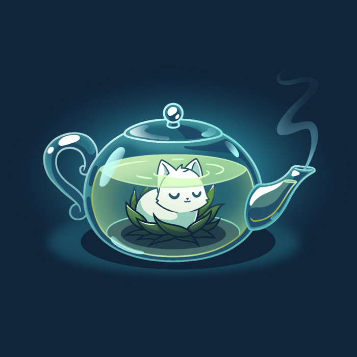 Long Sleeve T-shirt_TeeTurtle navy blue My Inner Tranquili-Tea apparel featuring a white cat sitting in the middle of a green lotus blossom inside a transparent, steaming teapot.