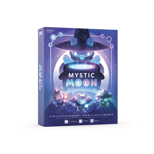 Mystic Moon: Base Game - tabletop game box featuring cute witch cats in a magical setting, with the title 'MYSTIC MOON' prominently displayed on the front, seen on a white background.