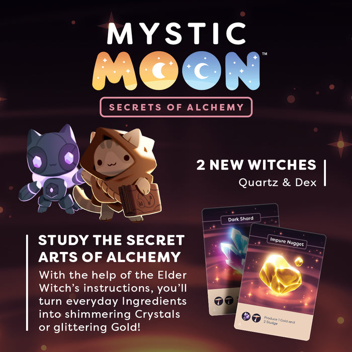 Mystic Moon: Secrets of Alchemy Expansion how to play graphic with information on the two new witches and the new game mechanics.