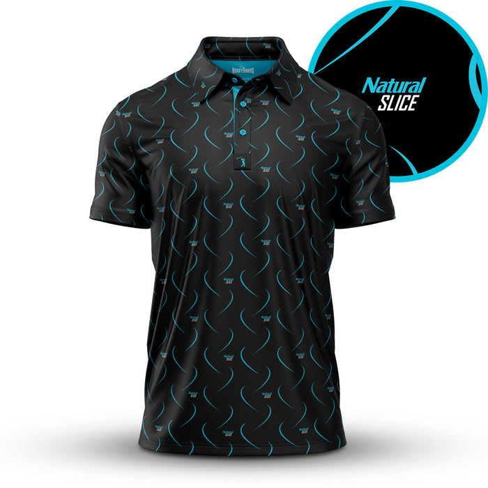 The Natural Slice - Polo is a black athletic-fit shirt with a blue wave pattern, buttoned collar, and moisture-wicking fabric. Close-up reveals "Natural SLICE" text on curved blue lines resembling tennis ball seams.
