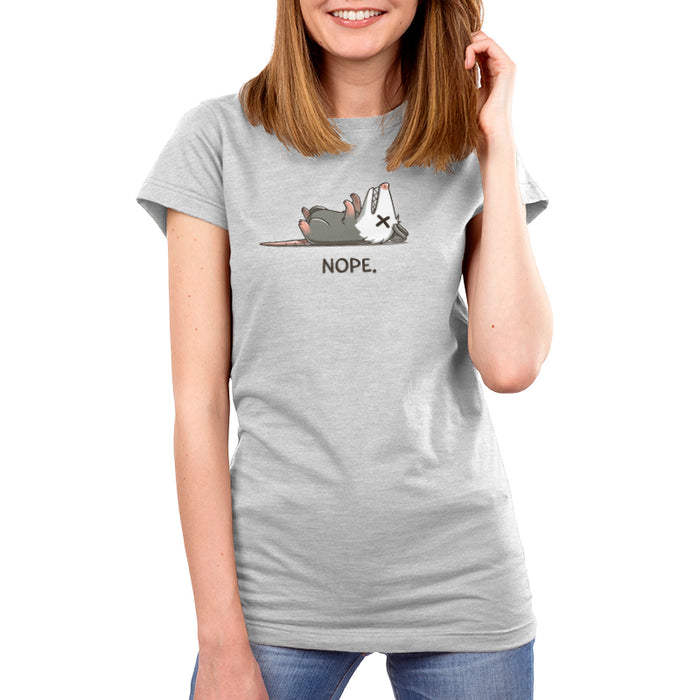 Premium Cotton T-shirt_TeeTurtle - Nope Opossum Silver Gray t-shirt featuring an opossum laying on it's back playing dead.