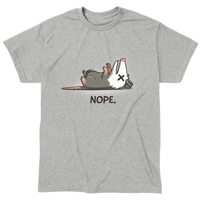 Premium Cotton T-shirt_TeeTurtle - Nope Opossum Heather Gray t-shirt featuring an opossum laying on it's back playing dead.