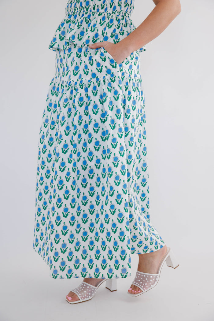 White Floral Elastic Waistband Maxi Skirt- Women's Spring/Summer Skirt- Jodifl Set