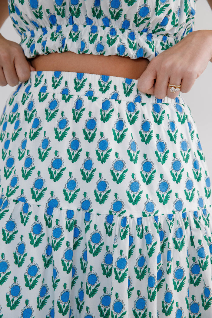White Floral Elastic Waistband Maxi Skirt- Women's Spring/Summer Skirt- Jodifl Set