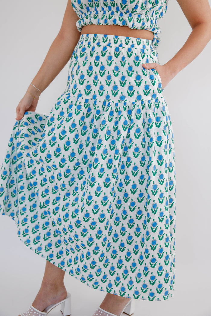 White Floral Elastic Waistband Maxi Skirt- Women's Spring/Summer Skirt- Jodifl Set
