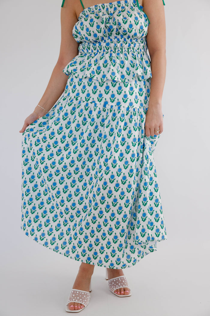 White Floral Elastic Waistband Maxi Skirt- Women's Spring/Summer Skirt- Jodifl Set