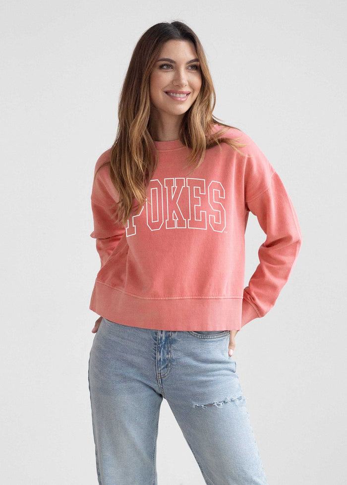 Oklahoma State Cowboys Women's Terracotta Relaxed, waist-length, boxy Salt wash fleece Sweatshirt with Crew neck, worn out look, long sleeves and ribbed neckline, cuffs and hem