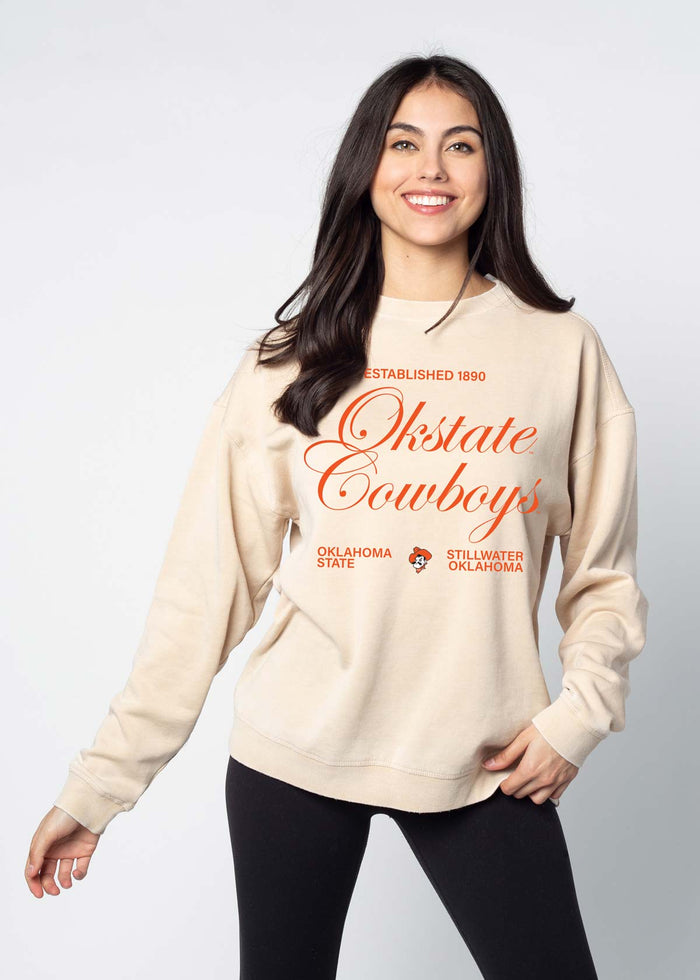 Oklahoma State Cowboys Unisex Oatmeal Oversized Burnout fleece Sweatshirt with Ribbed crew neckline, cuffs, hem, dropped shoulders and relaxed bottom hem