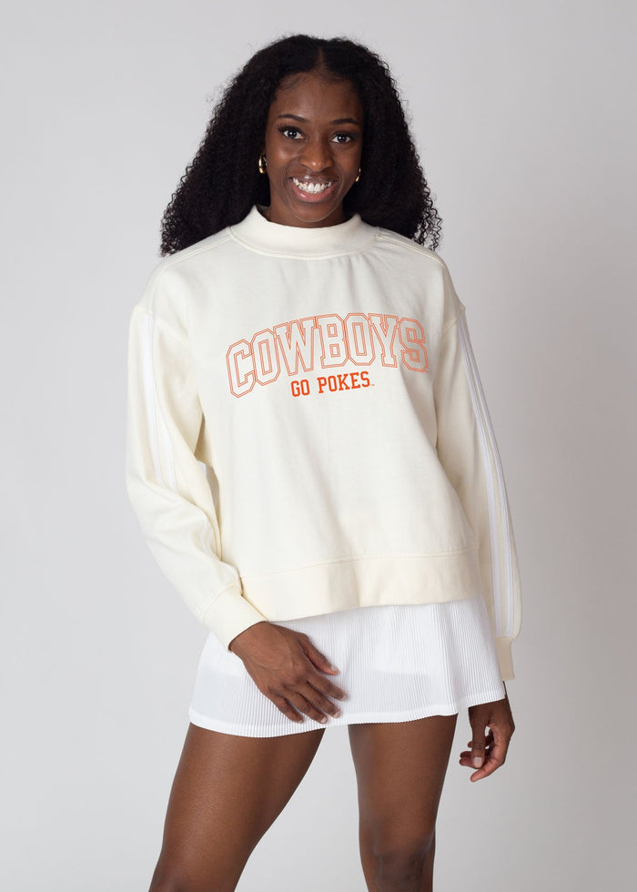 Oklahoma State Cowboys Women's White Relaxed, boxy, waist length Premium fleece Sweatshirt with Mock neck and striped rib at neckline, cuffs and hem