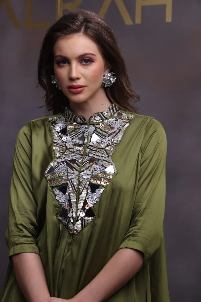 Olive Green Silk Tunic with Mirror Work & Pleated Palazzo