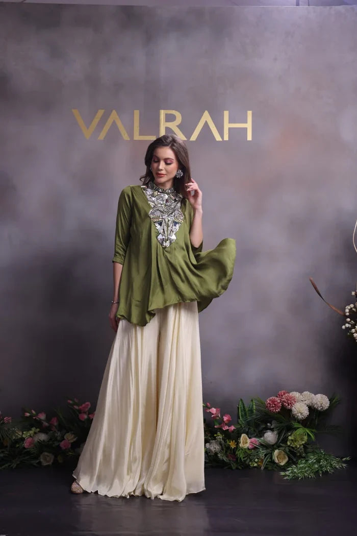Olive Green Silk Tunic with Mirror Work & Pleated Palazzo