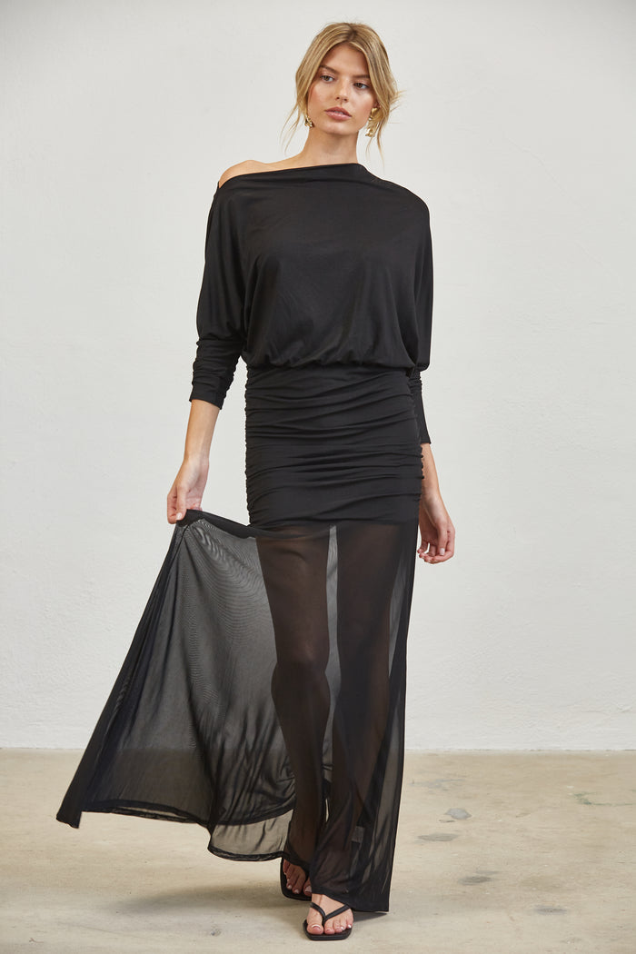 One-Shoulder Ruched Mesh Maxi Dress - BLACK