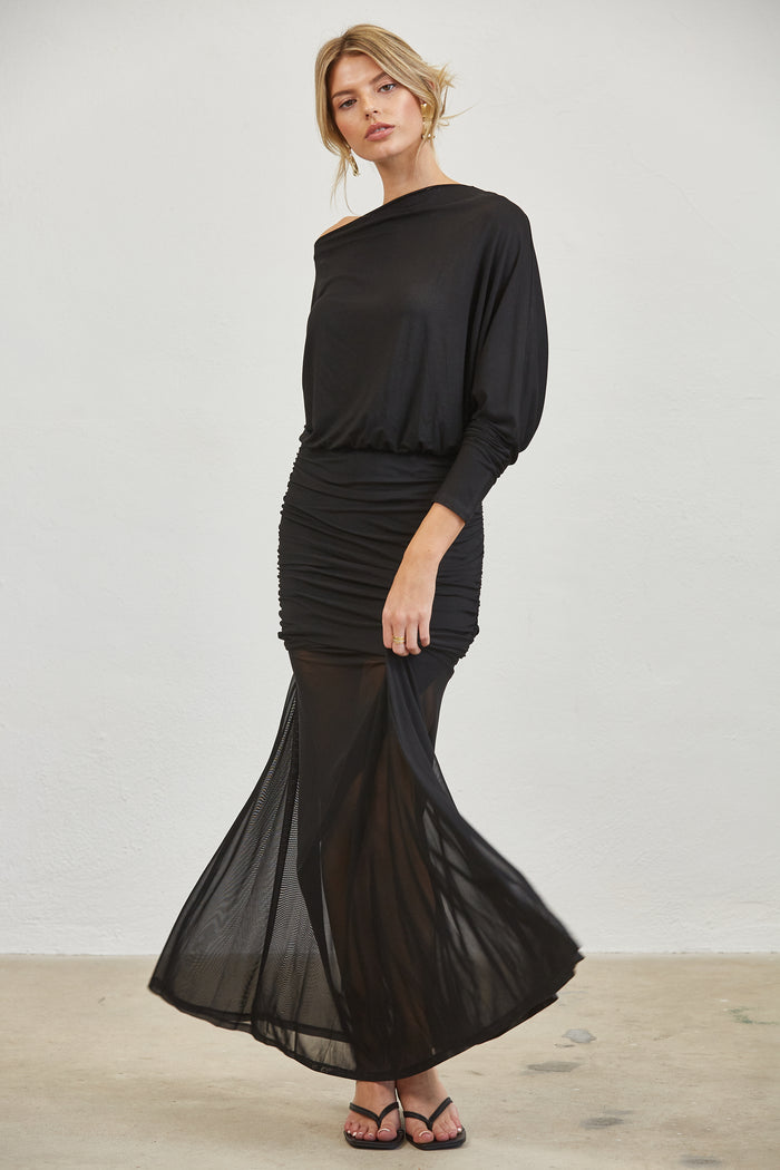 One-Shoulder Ruched Mesh Maxi Dress - BLACK