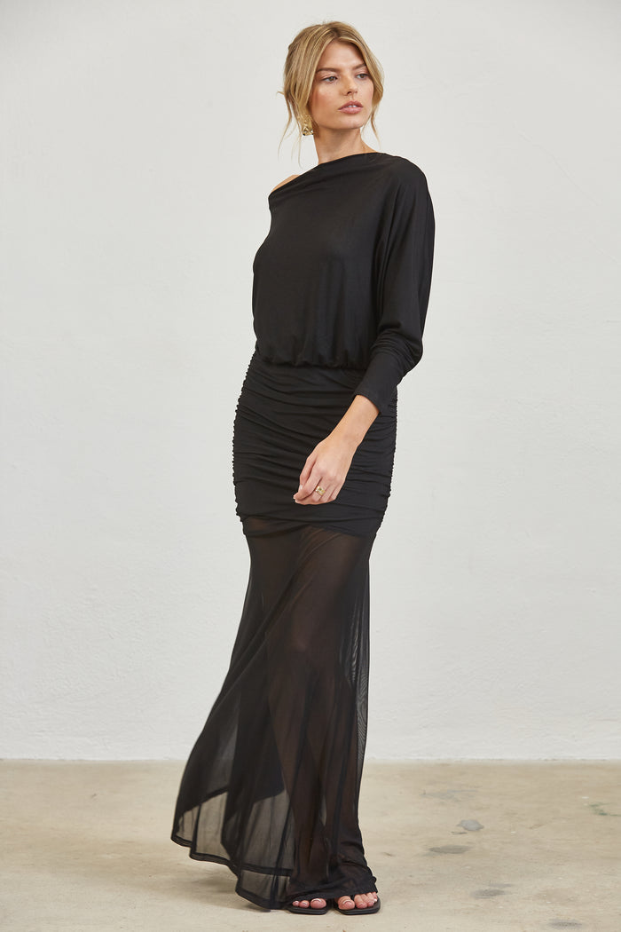 One-Shoulder Ruched Mesh Maxi Dress - BLACK