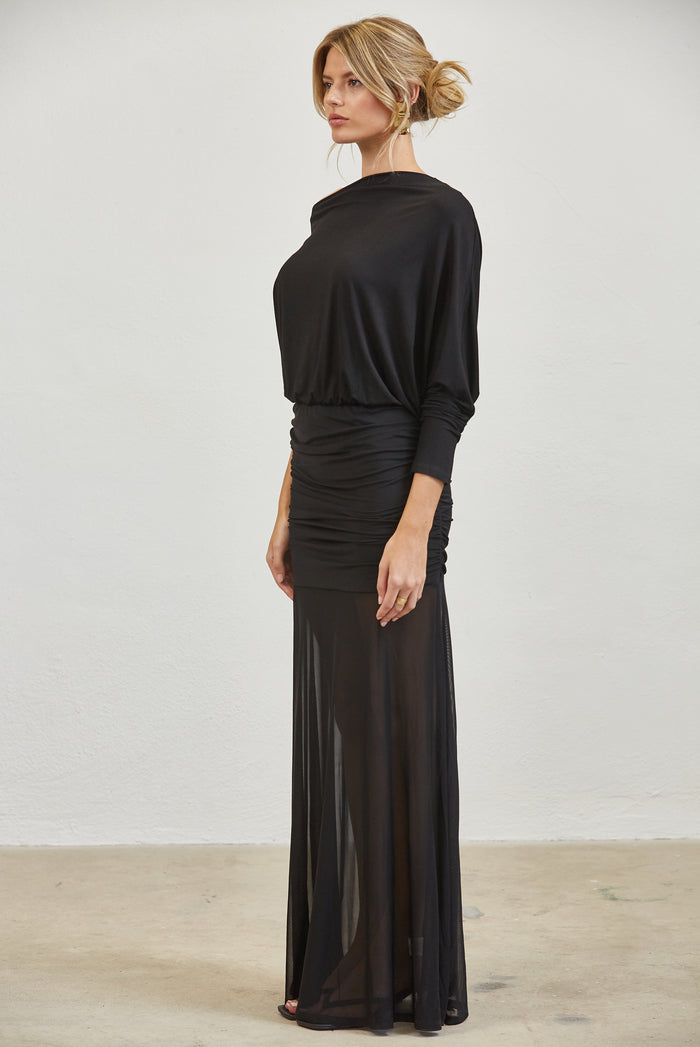 One-Shoulder Ruched Mesh Maxi Dress - BLACK