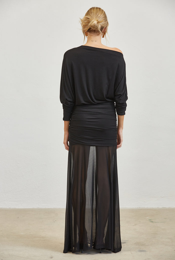 One-Shoulder Ruched Mesh Maxi Dress - BLACK
