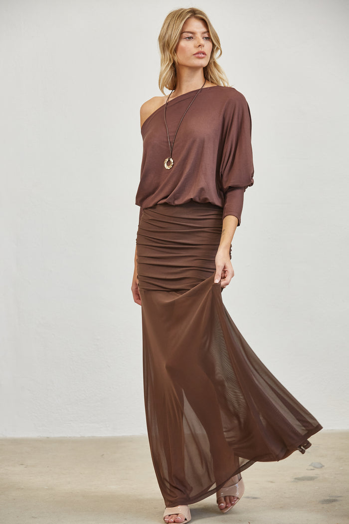 One-Shoulder Ruched Mesh Maxi Dress - BLACK