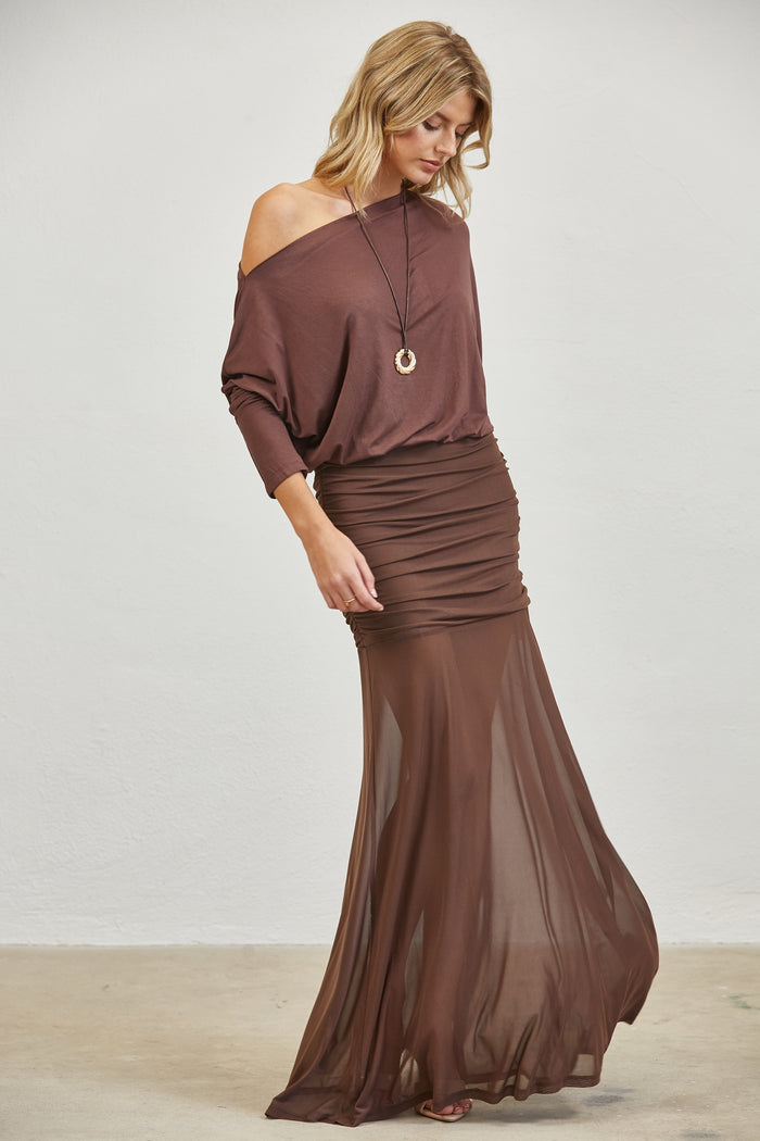One-Shoulder Ruched Mesh Maxi Dress - BLACK