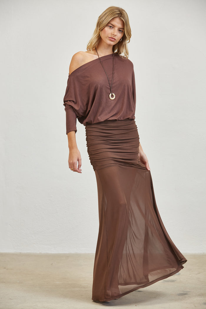 One-Shoulder Ruched Mesh Maxi Dress - BROWN