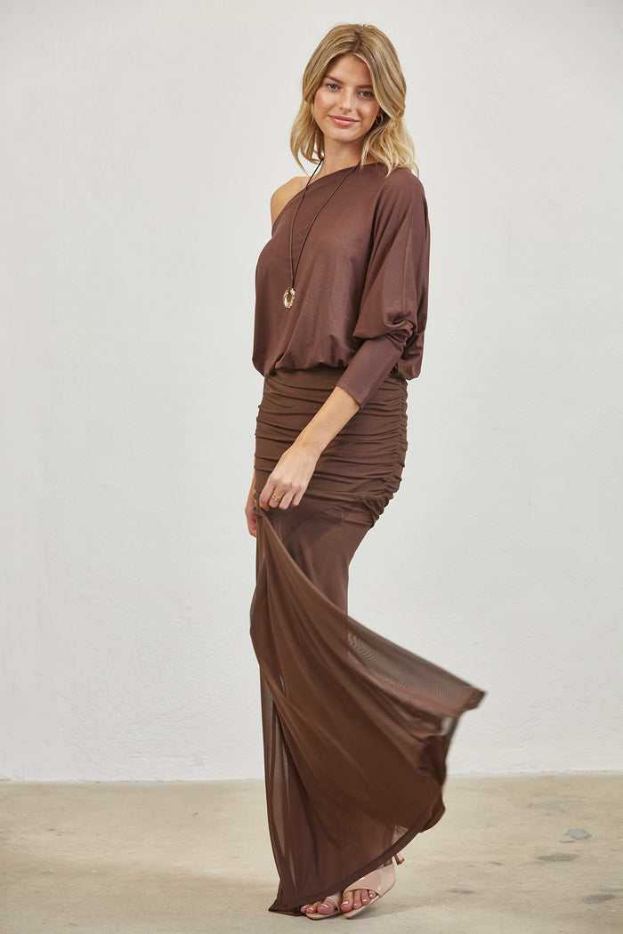 One-Shoulder Ruched Mesh Maxi Dress - BROWN