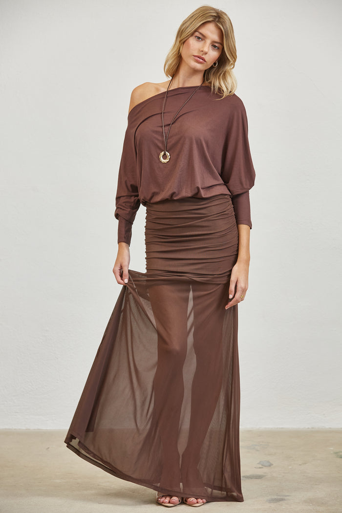 One-Shoulder Ruched Mesh Maxi Dress - BROWN