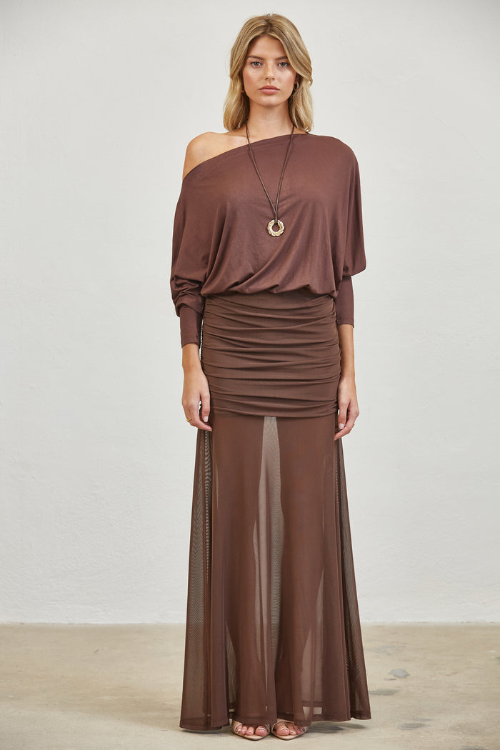 One-Shoulder Ruched Mesh Maxi Dress - BROWN