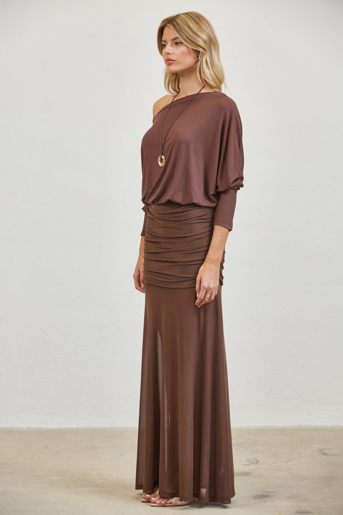 One-Shoulder Ruched Mesh Maxi Dress - BROWN