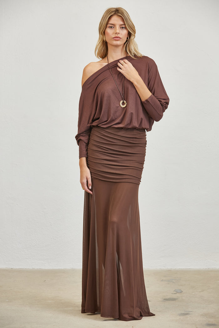 One-Shoulder Ruched Mesh Maxi Dress - BROWN