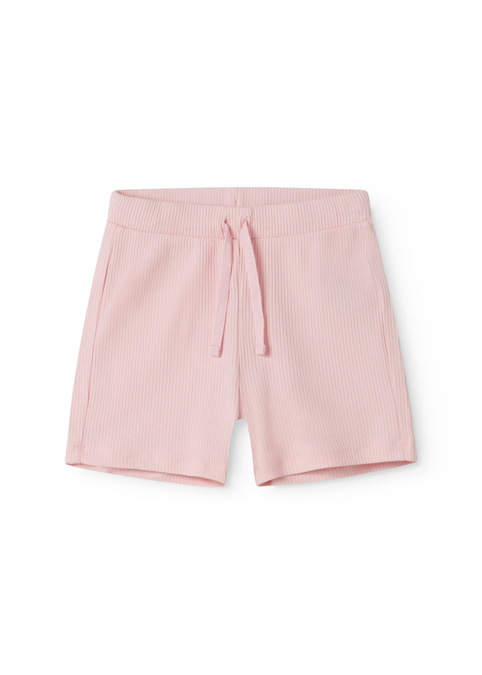 Red ribbed modal shorts with a drawstring for children.