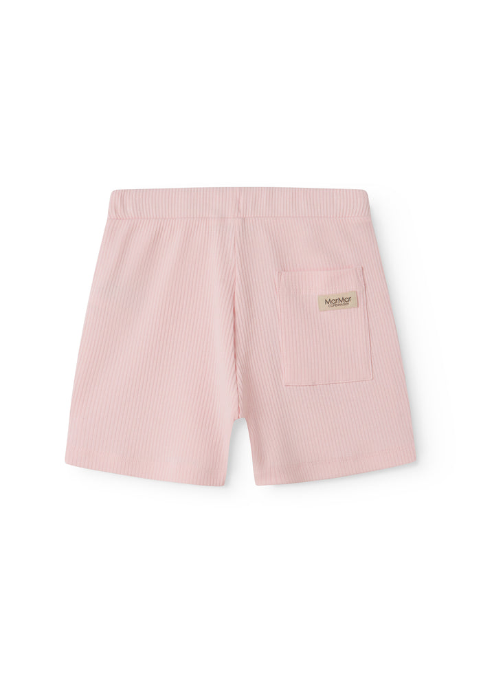 Red ribbed modal shorts with a drawstring for children.
