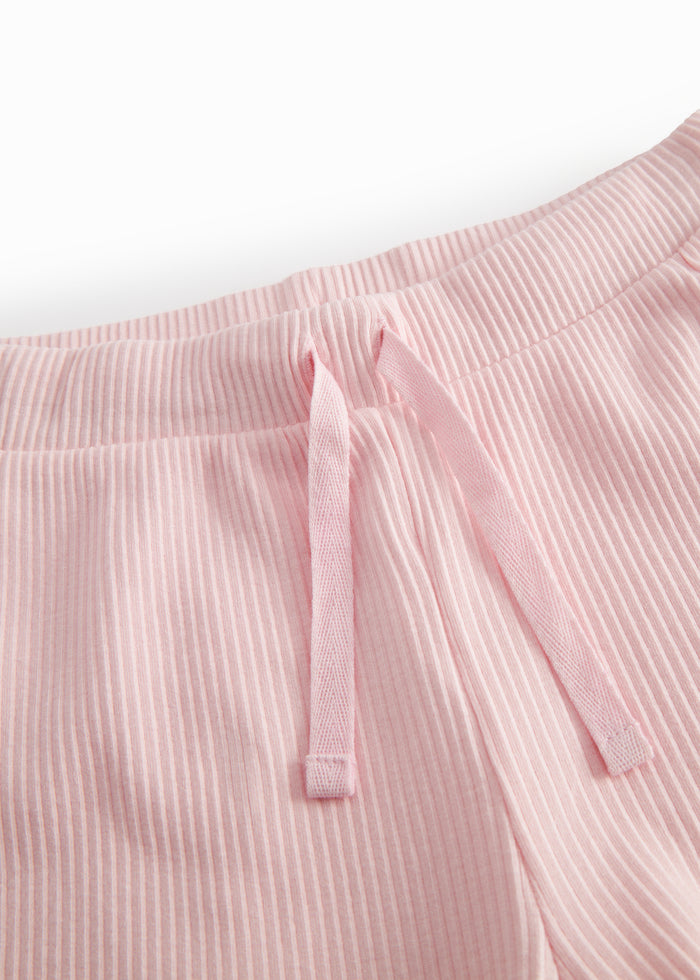 Red ribbed modal shorts with a drawstring for children.