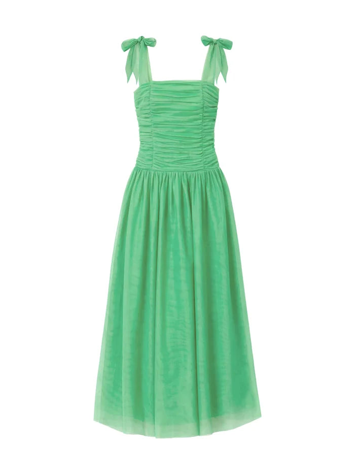 Aria green tulle dress with ruched bodice and flowing skirt
