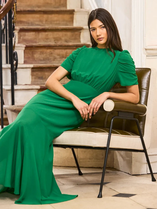 Petite Belle Green Puff-Sleeve Dress