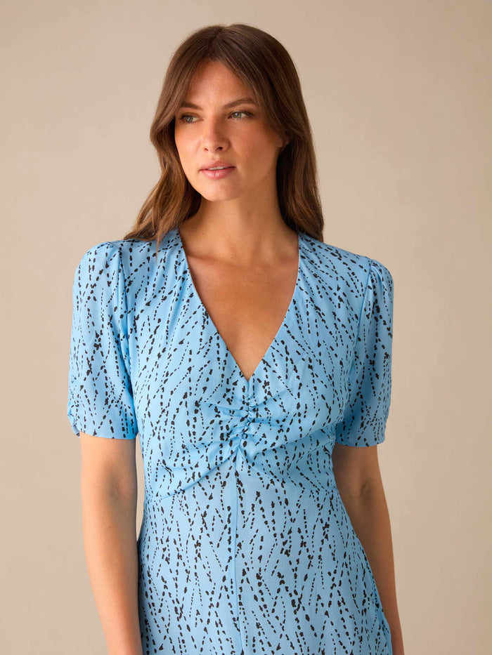 Petite Blue Dash Print Ruched Front Midi Dress