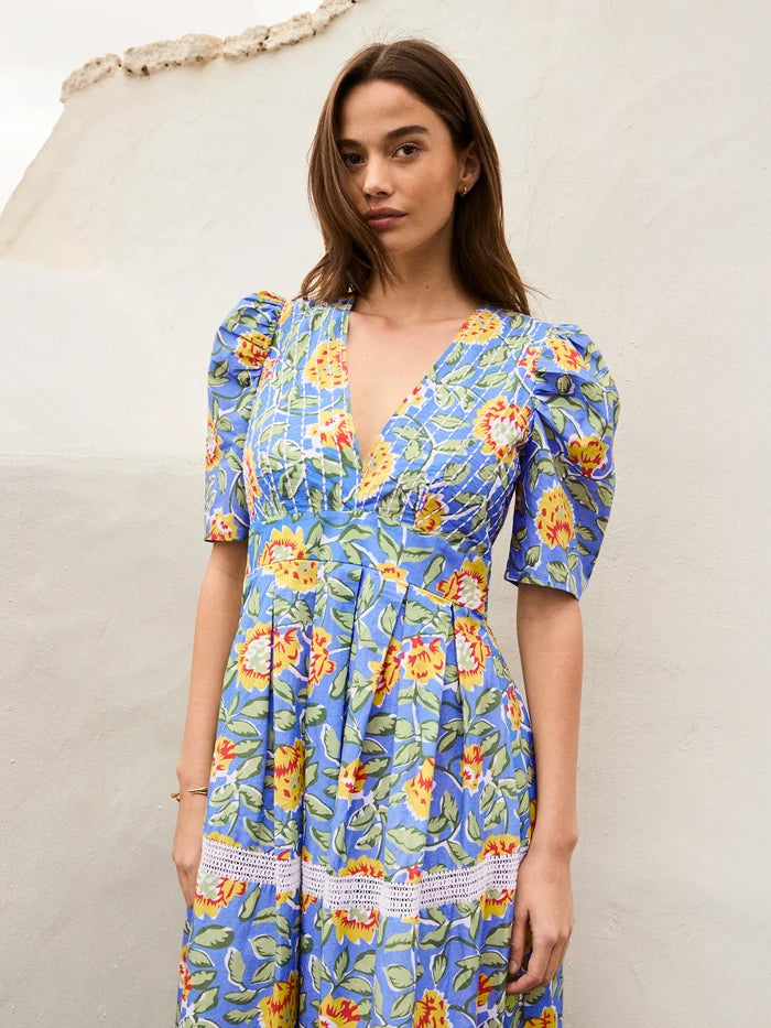 Blue Floral Print Trim Insert Dress