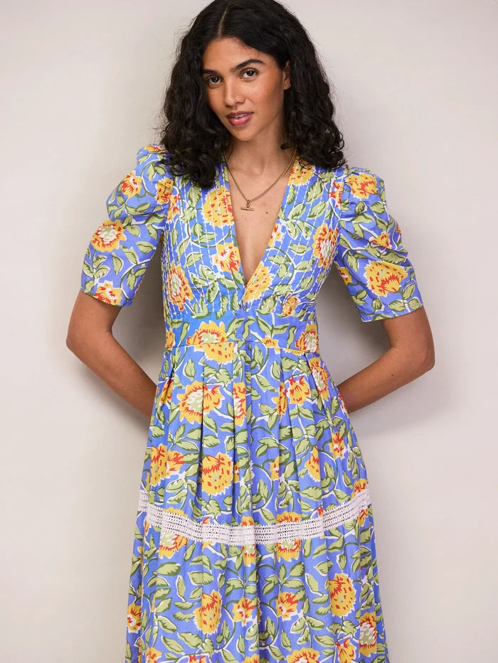 Blue Floral Print Trim Insert Dress