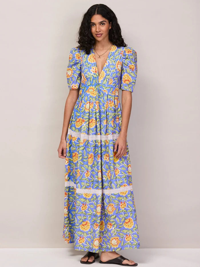 Blue Floral Print Trim Insert Dressv