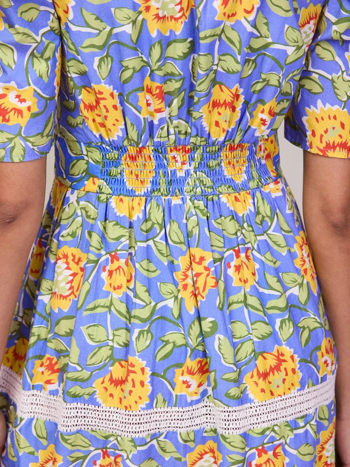Blue Floral Print Trim Insert Dress