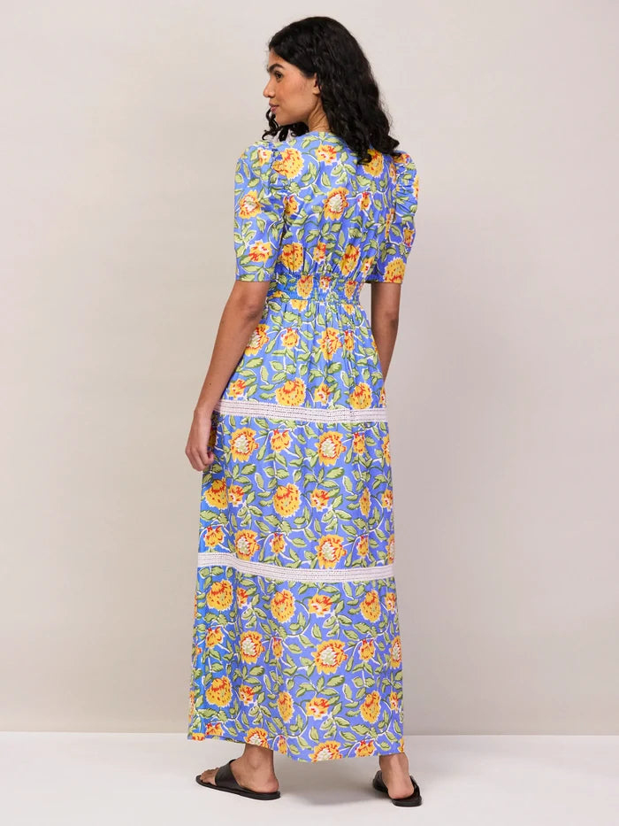 Blue Floral Print Trim Insert Dress