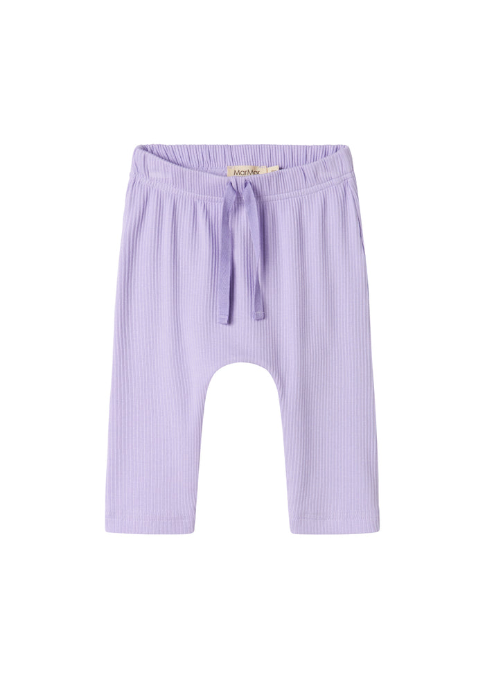 Purple ribbed baby pants with elastic waist and drawstring