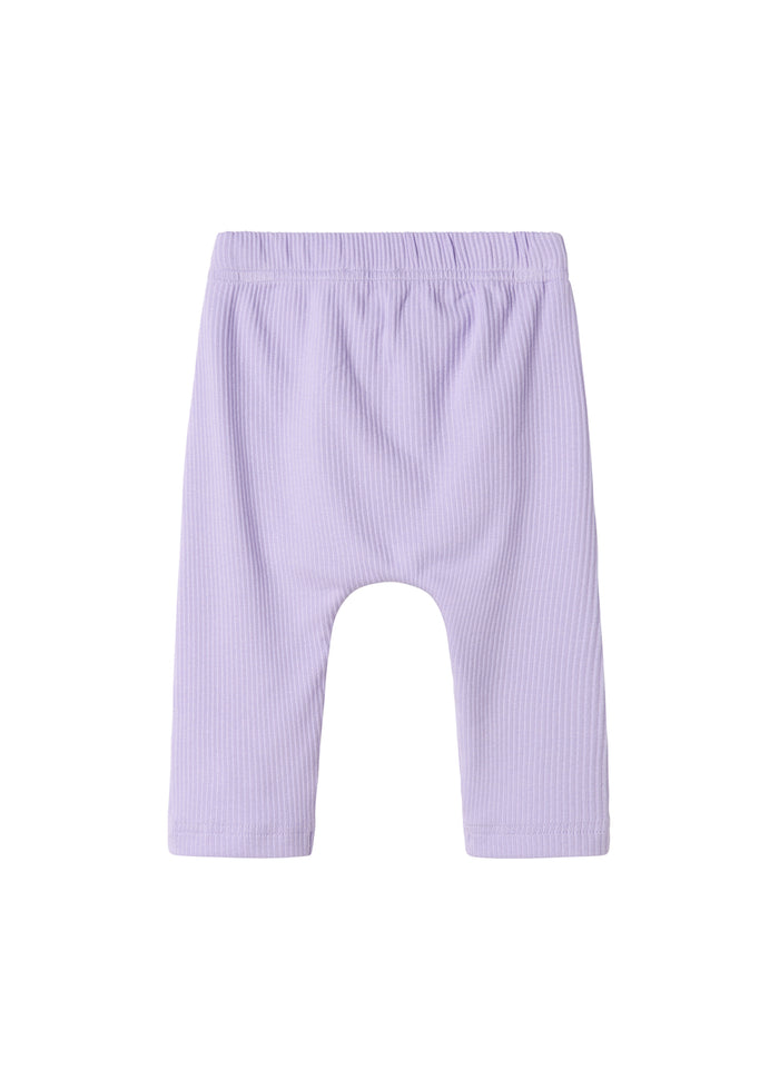 Purple ribbed baby pants with elastic waist and drawstring