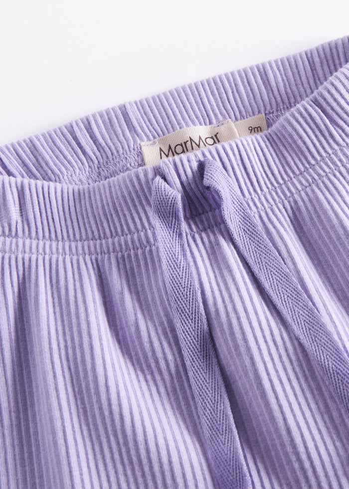Purple ribbed baby pants with elastic waist and drawstring