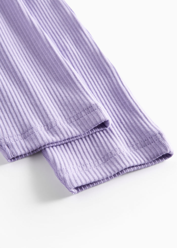 Purple ribbed baby pants with elastic waist and drawstring