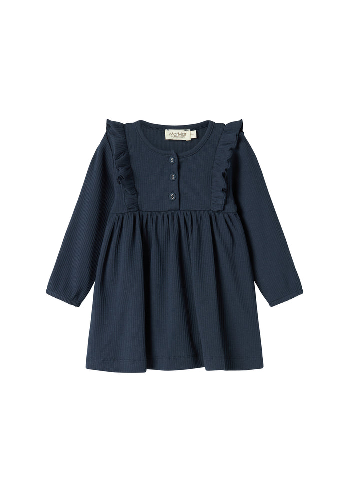Dark blue ribbed dress for children with ruffle details and long sleeves