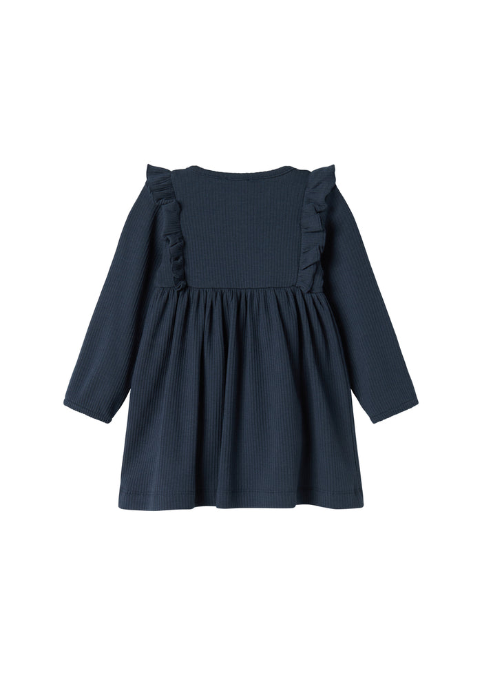 Dark blue ribbed dress for children with ruffle details and long sleeves