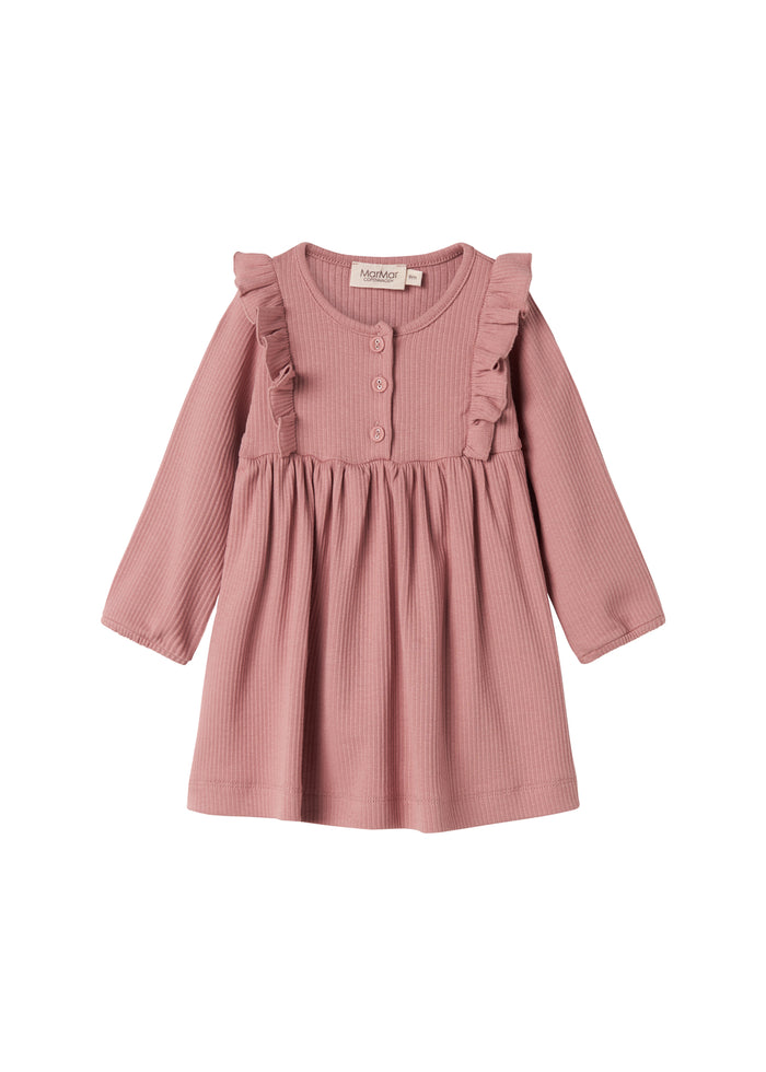 Pink ribbed dress with long sleeves, buttons and ruffles for children