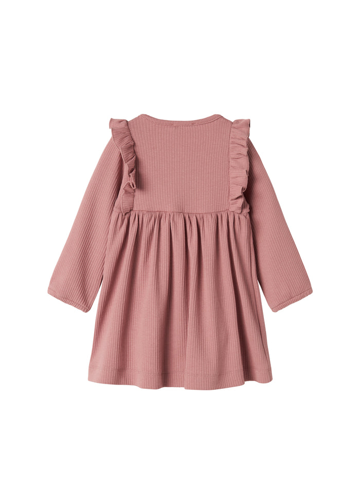Pink ribbed dress with long sleeves, buttons and ruffles for children